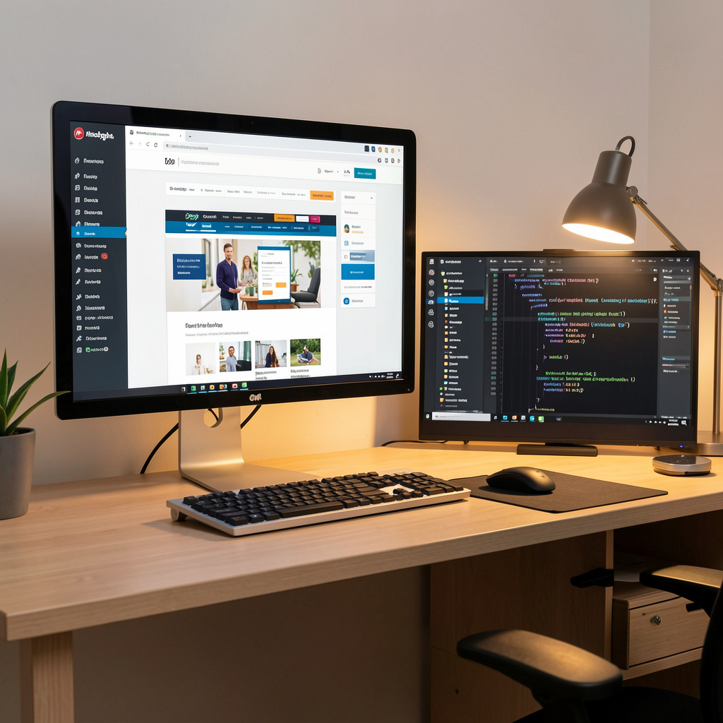 freepik a developers desk with a monitor displaying the wo 27884